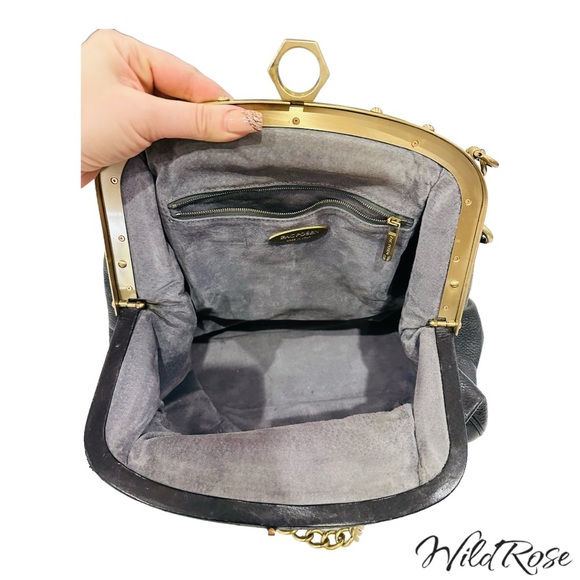 ZAC POSEN BLACK “ALEXIA” LEATHER SATCHEL BAG GOLD TONE HARDWARE - Picture 12 of 17